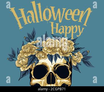 Halloween Party Banner, Metall Totenkopf mit goldenen Rosen Blumenkranz, für Poster Design oder Postkarte Feier Konzept. Totenkopf als Dekor mit Blumen Stock Vektor