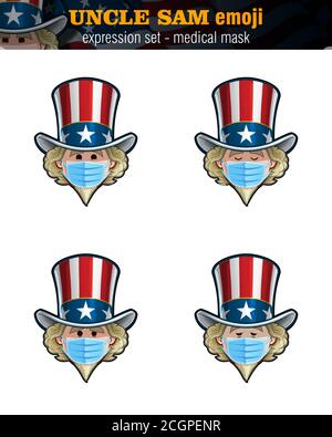 Vektor-Illustrationen Satz von Cartoon Onkel Sam Emoji, trägt chirurgische Maske. Vier Ausdrücke, glücklich, serös, besorgt, krank – krank. Elemente auf Well-d Stock Vektor