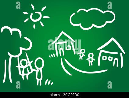 Das Haus der glücklichen Familienzeichnung mit der Kreide auf der Tafel. Abstrakte isolierte Grafik-Design-Vorlage. Stock Vektor