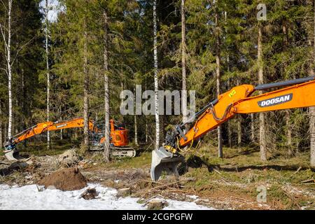 Doosan Logo auf Baggerboom und einem orangefarbenen Doosan DX235LCR Bagger im Wald, Finnland Stockfoto