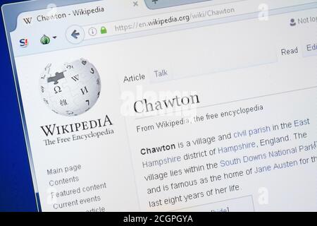 Rjasan, Russland - 28. August 2018: Wikipedia-Seite über Chawton auf dem Display des PC Stockfoto