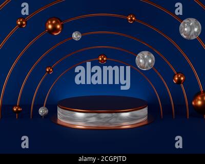 3d Rendering leere Marmor Zylinder Podium auf dunkelblauem Hintergrund mit Bronze Ring, Marmor und Bronze Kugel. Stockfoto