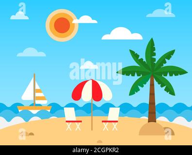 Tropische Strandlandschaft mit Strand, Wellen, Sonnenschirm, Liegestuhl, Palmen, Sonne und Schiff. Sommerurlaub und Urlaub. Panorama auf das Meer. Vektor Stock Vektor