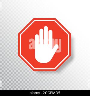Kein Handzeichen auf transparentem Hintergrund. Rotes Stoppschild-Symbol mit Handfläche. Straßenschild. Warnsymbol für Verkehrsvorschriften. Vorlage benachrichtigen für Stock Vektor