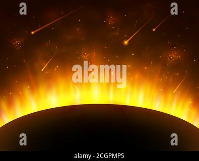 Raum Hintergrund mit Gold Licht. Sonnenplanet. Sonnenfinsternis. Helle, realistische Sonne mit Strahlen, Leuchten und Funken. Sonnenschein-Design. Vektorgrafik Stock Vektor