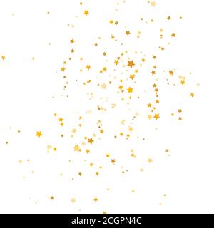 Goldene Sterne fallen auf weißem Hintergrund. Glitter Gold Sternschnuppen. Weihnachtliche Textur. Luxuriöse, elegante Designelemente. Magische Dekoration. Vektor Stock Vektor
