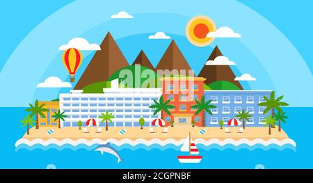 Sommerurlaub auf Meer Banner. Helle Reise Sommer Insel Landschaft in flachem Stil. Strandinsel mit Bergen, Hotels, Palmen, Sonnenschirmen Stock Vektor