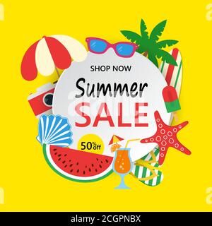 Sommer Sale Banner mit bunten Strand-Elemente. Sommer Verkauf Hintergrund mit Palmen, Surfbrett, Wassermelone, Sonnenglas, Fotokamera, Muschel, Seesterne Stock Vektor