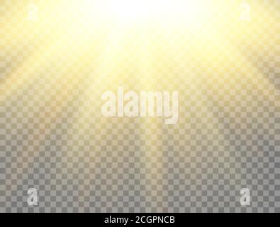 Sonnige Kulisse. Sonnenlicht auf transparentem Hintergrund. Goldener Leuchteffekt. Blitzlicht mit Sonneneinstrahlung. Zauberbanner. Sonnenschein mit Strahlen. Vektor Stock Vektor