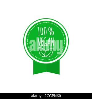 Rundes veganes, ökologisches, bio-grünes Abzeichen mit Blatt. Vegane Speisekarte. Vektorgrafik Stock Vektor