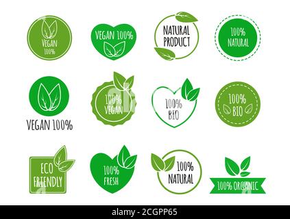 Set Bio-Abzeichen für gesunde Ernährung. Vegane, organische Logos. Vektorgrafik Stock Vektor