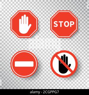 Stop-Zeichen und kein Eintrag Handsymbol isoliert auf transparentem Hintergrund gesetzt. Rote Straßenschilder. Warnsymbol für Verkehrsbehinderungen. Vorlage benachrichtigen für Stock Vektor