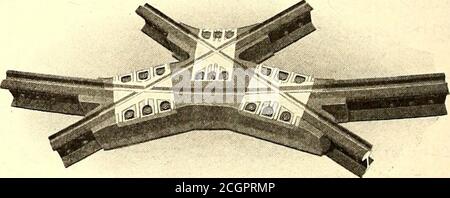 . Elektrische Eisenbahn Zeitschrift . Diese Art der Arbeit besteht aus Stahlschienenrollen, •gleichen Abschnitt wie die angrenzenden Gleise, in schwere Gussstahlkörper gegossen, letztere versenkt, um wieder zu erhalten TISCO Manganese Steel Centerverschleißplatten, die maschinell geschliffen auf der Unterseite und ruhen direkt auf der bearbeiteten Oberfläche der Aussparung, durchlaufend Lager. Haben Sie Ihre Heavy-Service-Layouts mit den Fröschen und Kreuzungen dieser Konstruktion, und die Schalter und Matten von festen TISCO Manganstahl, für lange Lebensdauer und perfekte Zufriedenheit gebaut.. FRÖSCHE, SCHALTER, FREUNDE, KREUZUNGEN UND SPEZIELLE LAYOUTSOF ALLE Stockfoto