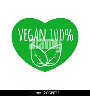 Veganes Lebensmittelschild mit Blättern im herzförmigen Design. Veganes Vektorlogo. Eco Green-Logo. Abzeichen für rohe, gesunde Lebensmittel Stock Vektor