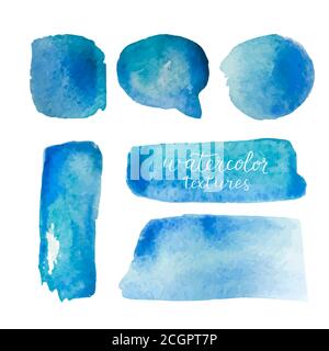 Aquarellhintergründe eingestellt. Sammlung von blauen Aquarell-Texturen mit Pinselstrichen. Aquarellflecken isoliert auf weißem Hintergrund. Vektor Stock Vektor