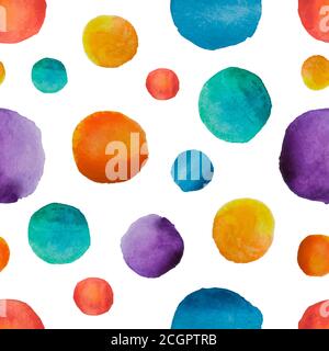 Regenbogen Aquarell Polka Punktmuster. Helles Aquarell Nahtloses Muster mit bunten Kreisen. Aquarell Regenbogenfarben Konfetti. Vektor Stock Vektor