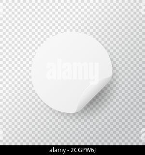 Weißer Kreisaufkleber auf transparentem Hintergrund. Realistischer runder Aufkleber mit gefaltetem Rand. Papieretikett. Sticky Note Mockup. Vektorgrafik Stock Vektor