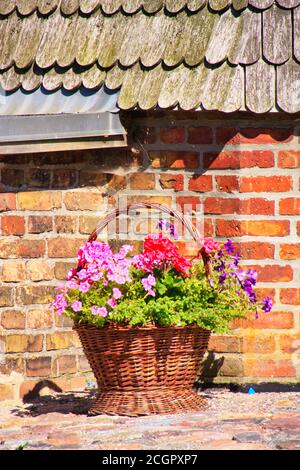 Bunte Blumen in einem Korb vor einem Haus Stockfoto