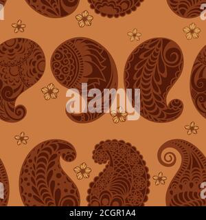 Nahtloses Paisley-Muster auf orangefarbenem Hintergrund. Vorlage für Verpackungspapier.. Stock Vektor