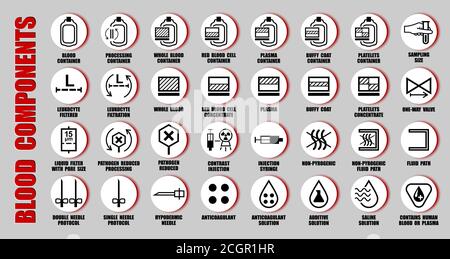 Vollständige Vektorsammlung von ISO-schwarzen Piktogrammen mit Krankenhaus, Blutzentrum, Medizinprodukte Hersteller für Verpackungsgeräte enthalten Menschen Blut Stock Vektor