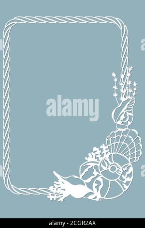 Jakobsmuschel, Muschel, Koralle, in Form einer Ecke für Dekaration. Schablone für Laser, Plotterschneiden und Siebdruck. Das Muster für die Spiegel A Stock Vektor