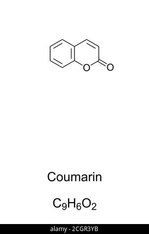 Cumarin chemische Struktur. Verbindung mit süßem Geruch, der dem Duft von Vanille ähnelt. Künstlicher Vanilleersatz und Aromastoff. Stockfoto