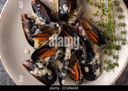 Moules Marinieres - Muscheln mit Weißweinsauce gekocht. Stockfoto