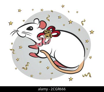 Neujahr und weihnachten weiße Maus mit Neujahr Dekorationen und gerland. Kleine Maus in einem roten Weihnachtsmann Hut mit Girlande Lichter Weihnachten und Neujahr Stock Vektor