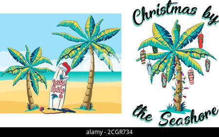 Weihnachtskarte mit Palmen und Surfbrettern. Palme mit Strand Hausschuhe als Neujahr Dekorationen dekoriert, Hintergrund - Vorlage Design für Poster Stock Vektor