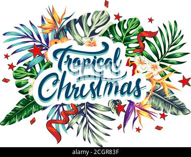 Karten fröhliche weihnachten und glückliches neues Jahr im tropischen Stil Design, Palmblätter und Splet Blumen in einem weihnachtskranz mit einer Inschrift auf der Oberseite Stock Vektor