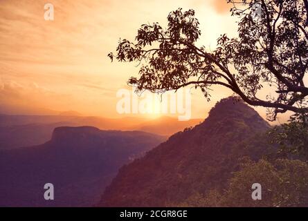 GEBIRGSZÜGE VON PACHMARHI, SATPURA IM ZENTRALEN TEIL VON INDIEN BEKANNT ALS MADHYA PRADESH MIT BLÄULICHER FÄRBUNG Stockfoto