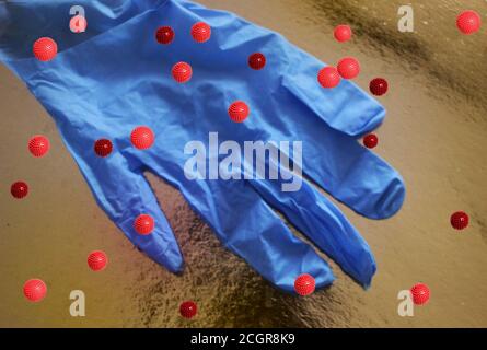 Schutzhandschuhe während der Coronavirus-Epidemie. Der Einsatz von Schutzhandschuhen bei einer Epidemie. Covid-19 Coronavirus-Schutz Stockfoto