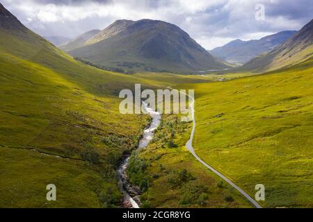 Luftaufnahme von Glen Etive, Highland Region, Schottland, UK Stockfoto