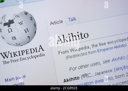 Rjasan, Russland - 09. September 2018 - Wikipedia-Seite über Akihito auf einem Display von PC Stockfoto