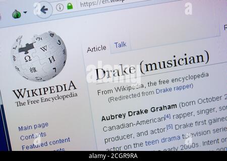 Rjasan, Russland - 09. September 2018 - Wikipedia-Seite über Drake auf einem Display von PC Stockfoto