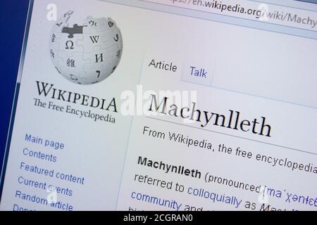 Rjasan, Russland - 09. September 2018 - Wikipedia-Seite über Machynlleth auf einem Display von PC Stockfoto