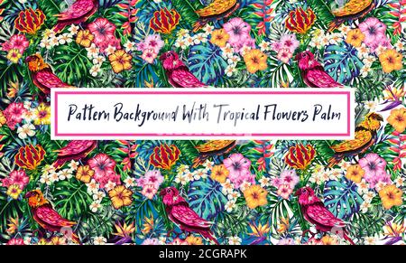 Tropen Muster Sommer Hintergrund mit tropischen Palmen Blumen, geeignet für Design, Verpackungskarten oder Stoffe Dekoration. Hintergrund - Vorlage Design Stock Vektor