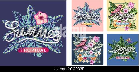 Banner mit stilisierten tropischen Pflanzen, Blättern und Blumen. Vorlage für Geschichten und Nachrichten von sozialen Netzwerken, Illustration. Stock Vektor