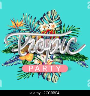 Banner mit stilisierten tropischen Pflanzen, Blättern und Blumen. Vorlage für Geschichten und Nachrichten von sozialen Netzwerken, Illustration. Stock Vektor