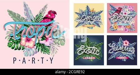 Banner mit stilisierten tropischen Pflanzen, Blättern und Blumen. Vorlage für Geschichten und Nachrichten von sozialen Netzwerken, Illustration. Stock Vektor