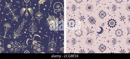 Mystisch, magisch, Hintergrund. Religion und Okkultismus mit esoterischen und freimaurerischen Symbolen. Mittelalterliche Manuskripte inspiriert. Vektor nahtloses Muster in Retr Stock Vektor