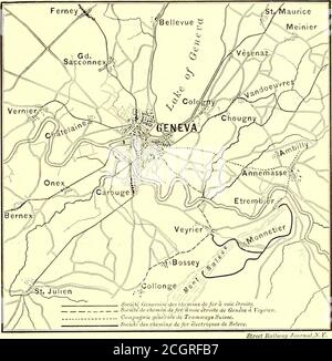 . Die Straßenbahnzeitung . im Jahre 1887, mit einer Länge von 6 km. Und einem Meter von 1 m. Das rollende Material ähnelt dem oben erwähnten. 3. Compagnie Generate de Tramways Suisse. Dieses Straßenbahnsystem, das im Straßenbahnjournal für Februar 1897 beschrieben wurde, betreibt 13 km Strecke. Seit April 1896 ist sie mit Strom ausgestattet, wobei eine kurze Leitung nach Annemas, die mit Dampf betrieben wird, entfernt wird.die Energie wird von einem Wasserkraftwerk entnommen, das vom RhoneRiver aus in Coulouveniere betrieben wird. Das rollende Material besteht aus den Autos für vierzig Passagiere jeder, rüstet aus Stockfoto