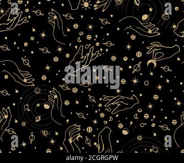 Wiccan nahtloses Muster mit magischen Symbolen. Raum und mystische Objekte, Spiritualität und Okkultismus, ideal für Textilien, Zauberläden, Wahrsager, Stock Vektor