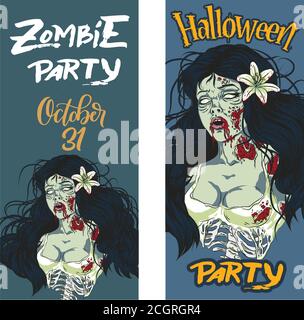 Drawn Zombie Mädchen, um Ihre halloween-Party, editierbare Vorlagen für Social-Media-Geschichten zu schmücken. Idee für Broschüren und Banner. Schädel, kreatives Design Stock Vektor