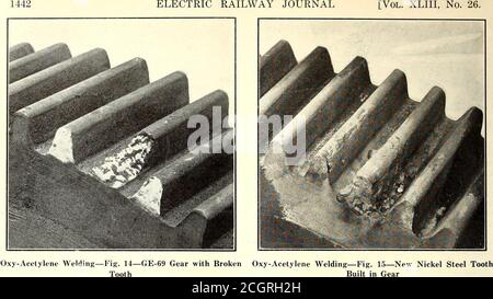 . Elektrische Eisenbahn Zeitschrift . Oxy-Acetylen-Schweißen – Abb. 13 – Schacht mit neuem GusseisenSchweißung. Dass die Seitenschweller und die vier mittleren Schweller auseinander fielen. Die Kosten (Arbeit und Gas) für den Schnitt über das Zentrum dieses Untergestells lagen bei 1.02 Dollar. Abb. 17 zeigt dem Bediener bei der Arbeit einen Schnitt auf einer Seite der 18-Zoll-Seitenschweller. Alle für den Job erforderlichen Betriebsmittel werden angezeigt. Eine andere Aufgabe, die die große Einsparung durch die Verwendung des Blasrohres zeigte, war die Abtrennung der Köpfe der Schrauben und Nieten, die die Coupleranker zwischen den Stahlschwellen von 80,000-lb halten Stockfoto