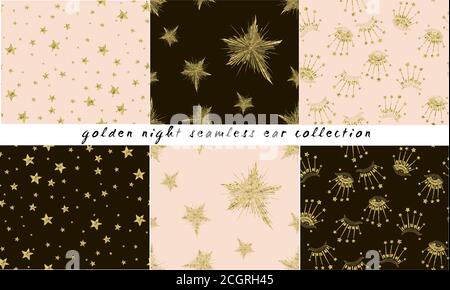 Nahtloses Goldmuster aus Goldfolie Sternen. Farbenfroher Hintergrund. Dekorative Tapete, handgezeichnete Überlappung Hintergrund, Hintergrund für textile Verpackung pa Stock Vektor