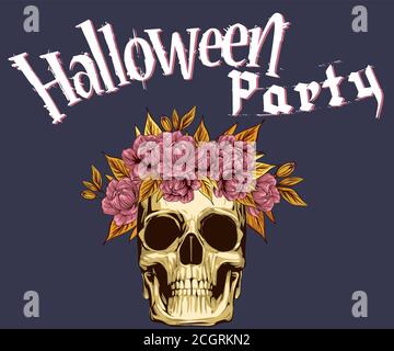 Halloween Party Banner, Metall Totenkopf mit goldenen Rosen Blumenkranz, für Poster Design oder Postkarte Feier Konzept. Totenkopf als Dekor mit Blumen Stock Vektor