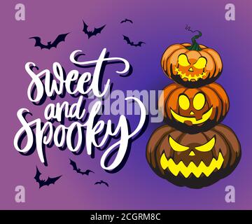 Eine minimalistische Halloween-Karte, inspiriert von unheimlichen Symbolen. Halloween Kürbis mit lustigen gruseligen Gesichtern in verschiedenen Formen und Farben. Idee für Flyer und BA Stock Vektor