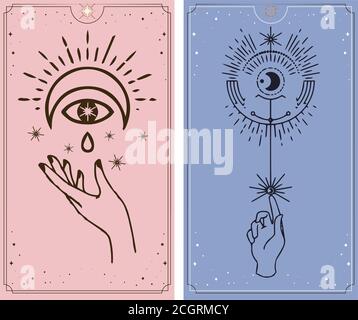 mond und Sonne Tarot-Karten, Hände in einfachen flachen Esoterik boho Stil gesetzt. Esoterik Logo mit verschiedenen Symbolen. Astrologische und esoterische Konzept. Stock Vektor