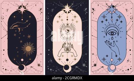 mond und Sonne Tarot-Karten, Hände in einfachen flachen Esoterik boho Stil gesetzt. Esoteric Sammlung von Logos mit verschiedenen Symbolen wie Raum Stern Planet, g Stock Vektor